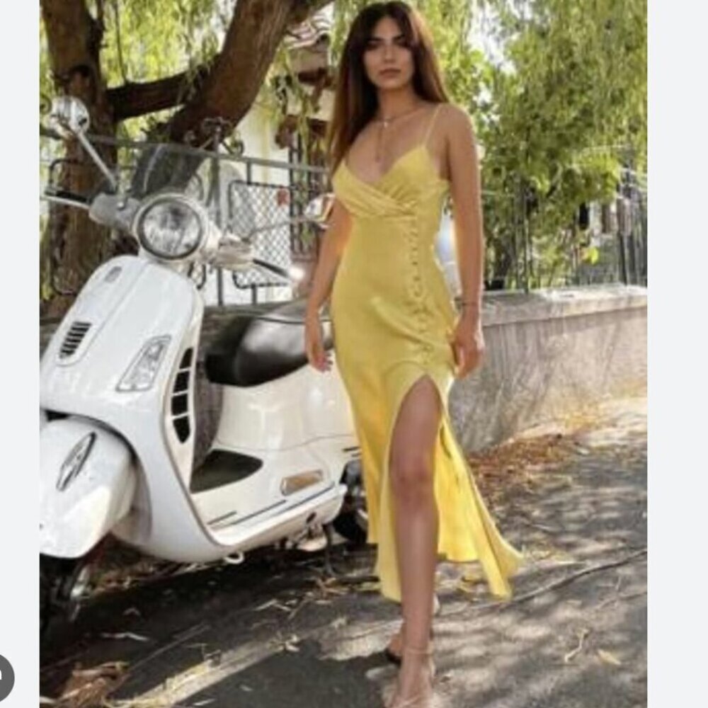 Zara Satin Effect Button V Neck Midi Dress Mustard Yellow Size Medium Blogger - Picture 3 of 8